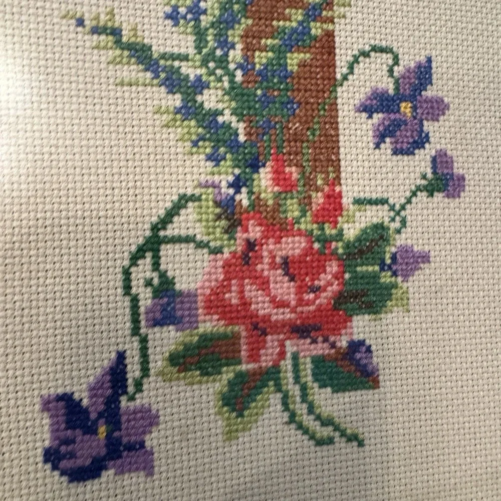 Vintage Embroidered Cross with flowers Ornate Framed 17 X 13  Wall‎ Art